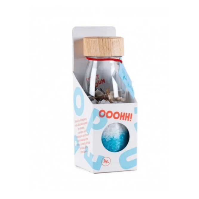 bouteille sensorielle artic de la marque petit boum à retrouver chez moos family store annoeullin. Pour les enfants dès 3 ans selon la pédagogie montessori