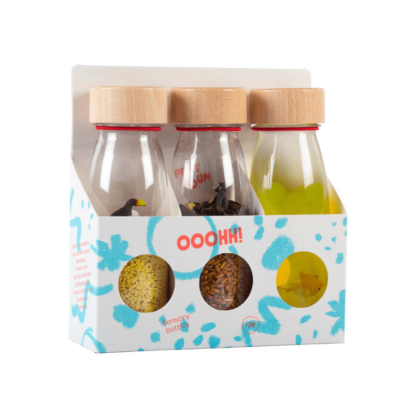 petit boum, pack de 3 bouteilles sensorielles en modèle tropical. Ces bouteilles inspirés de la pédagogie montessori sont disponible chez moos family store annoeullin. Jouets d'éveils à partir de 3 mois.