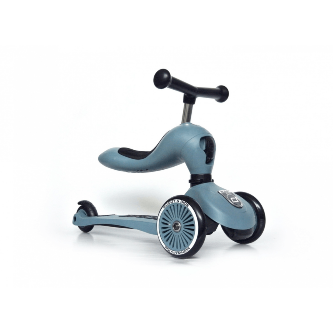 trottinette evolutive highway de scoot and ride en bleu acier. Trottinette evolutive de porteur en trottinette disponible chez Moos family store