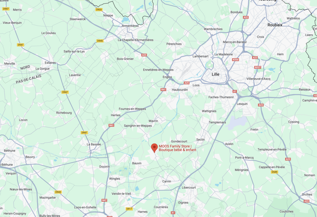 Carte Google Map indiquant la position de la boutique bébé enfant MOOS près de lille