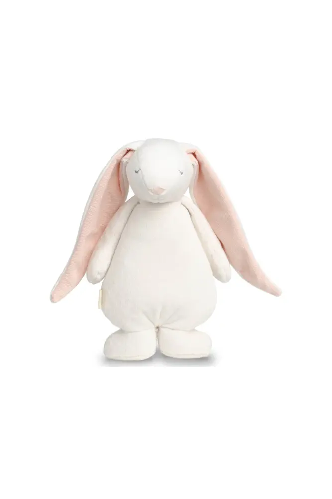 peluche moonie lapin creme et rose avec veilleuse integree et bruits blancs