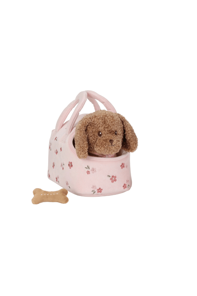 peluche chien avec sac de transport rose