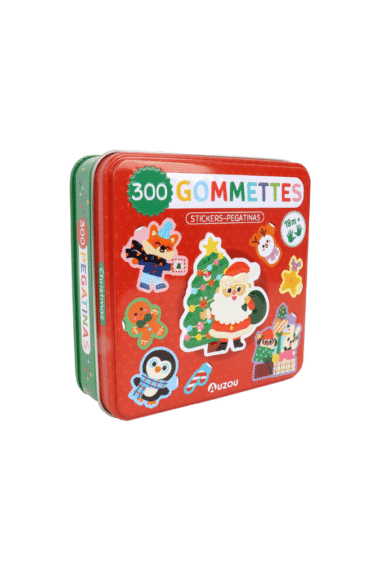boite metal rouge avec gommettes de noel