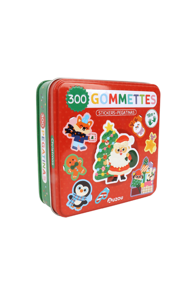 boite metal rouge avec gommettes de noel