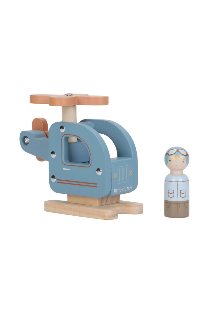 jouet helicoptere bleu en bois avec personnage little dutch